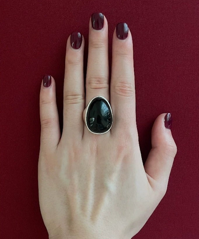 Black Onyx Oval Egg Sterling Silver Ring - floysun