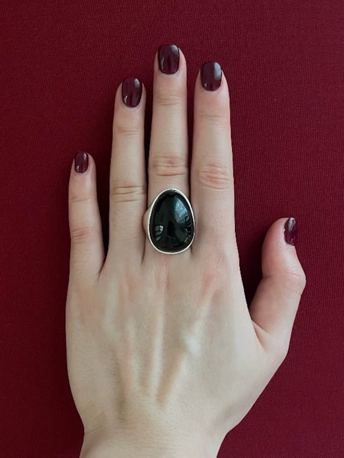 Black Onyx Oval Egg Sterling Silver Ring - floysun