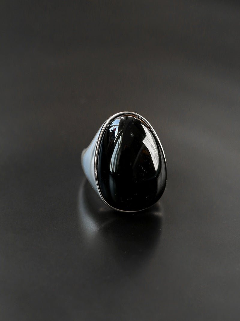 Black Onyx Oval Egg Sterling Silver Ring - floysun