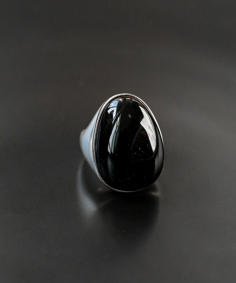 Black Onyx Oval Egg Sterling Silver Ring - floysun