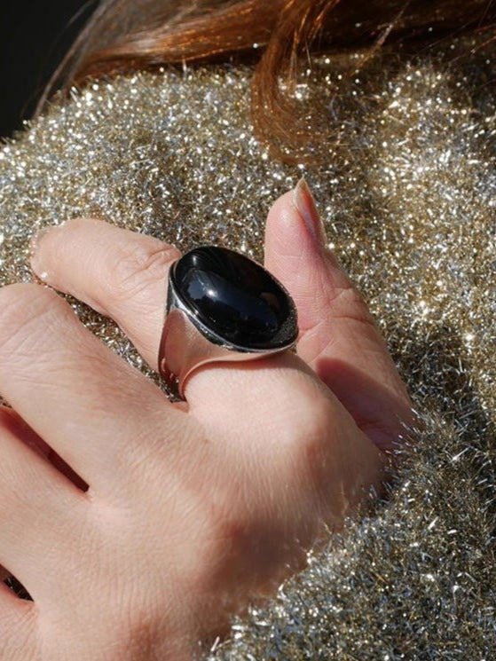 Black Onyx Oval Egg Sterling Silver Ring - floysun