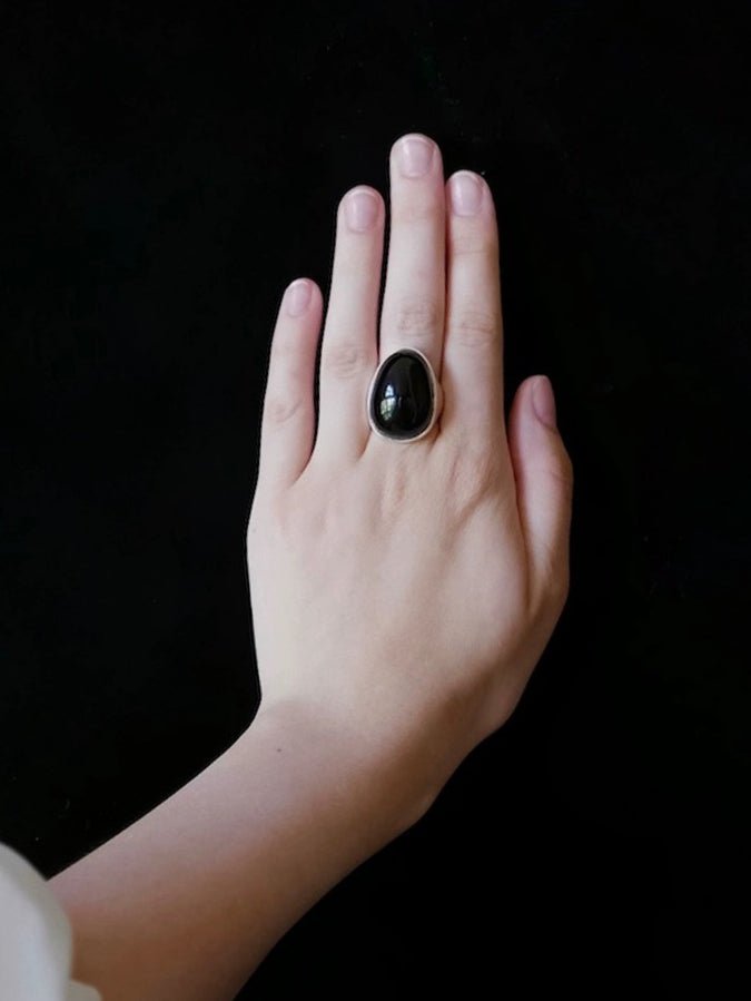 Black Onyx Oval Egg Sterling Silver Ring - floysun