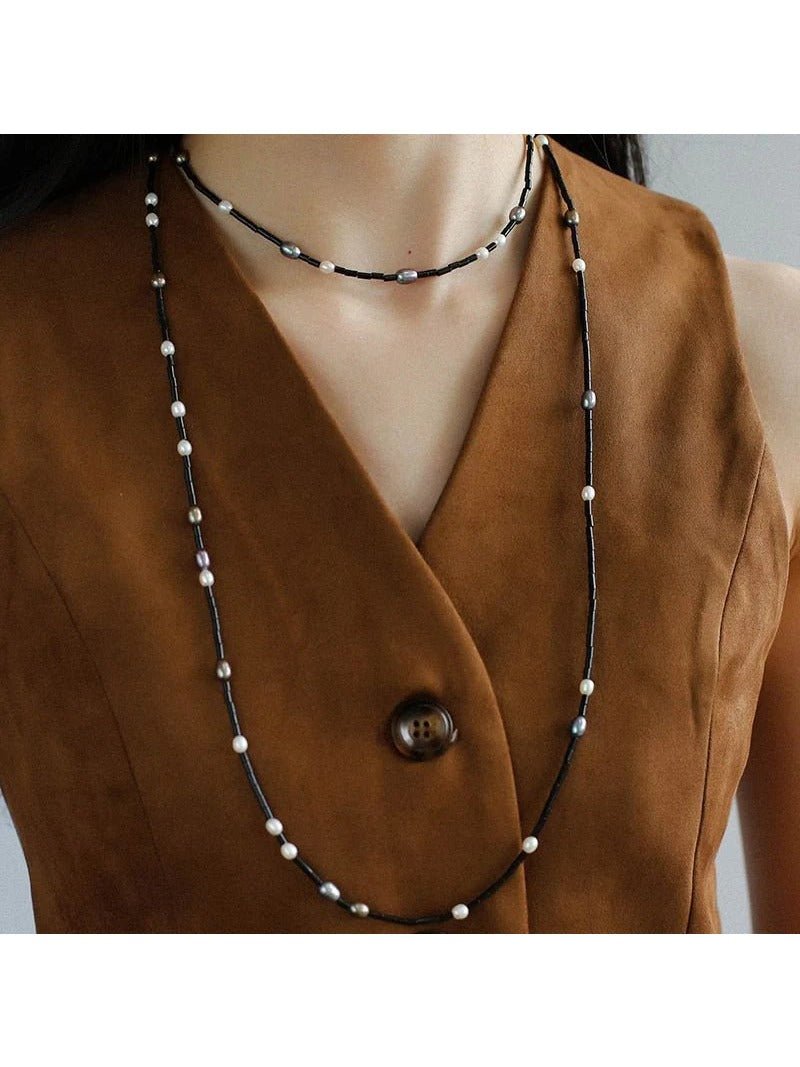 Black Onyx Round Tube Freshwater Pearl Long Necklace - floysun