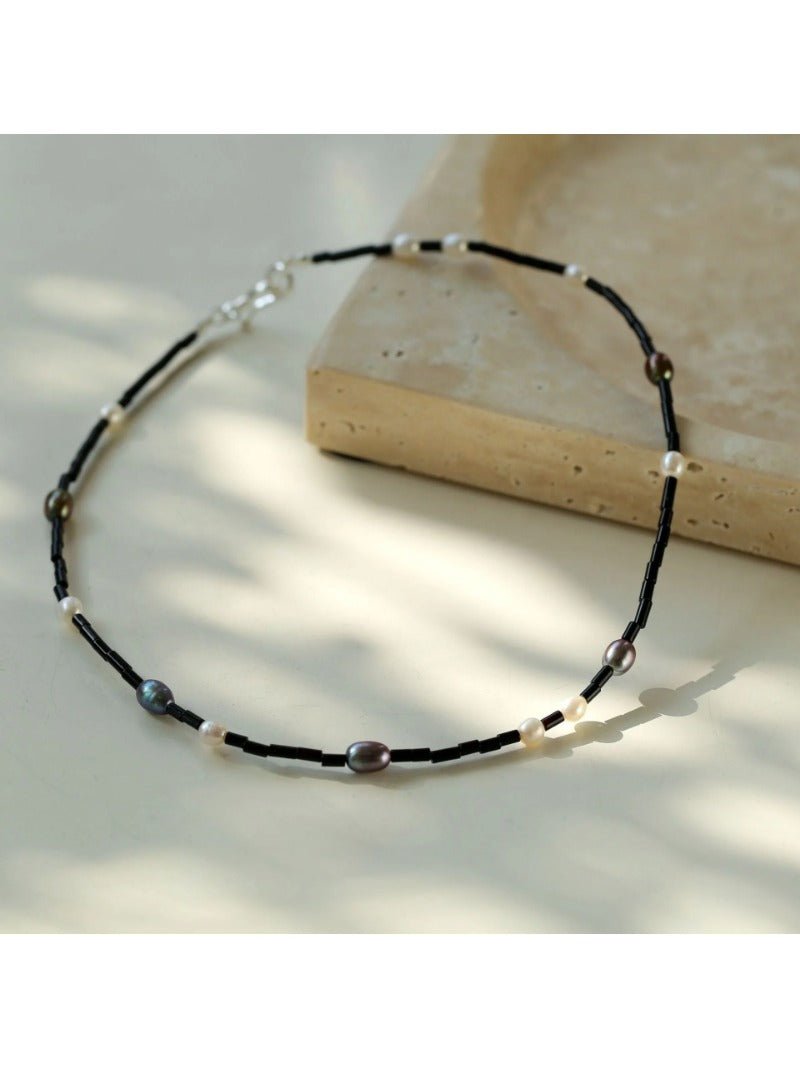 Black Onyx Round Tube Freshwater Pearl Long Necklace - floysun