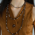 Black Onyx Round Tube Freshwater Pearl Long Necklace - floysun