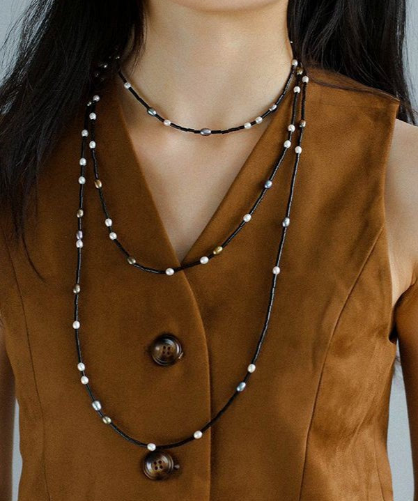 Black Onyx Round Tube Freshwater Pearl Long Necklace - floysun