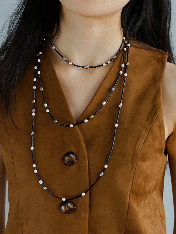 Black Onyx Round Tube Freshwater Pearl Long Necklace - floysun