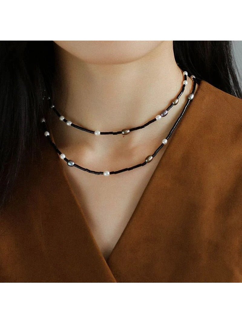 Black Onyx Round Tube Freshwater Pearl Long Necklace - floysun