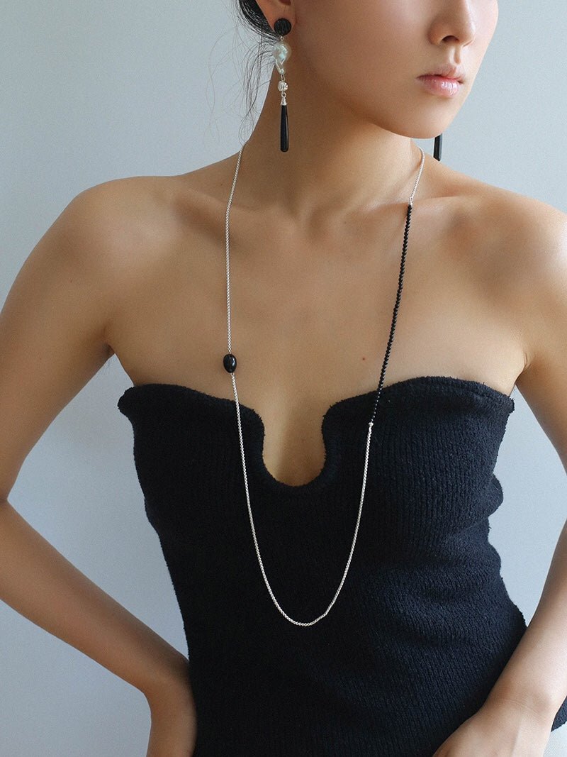 Black Onyx Splicing Chain Long Layering Necklace - floysun