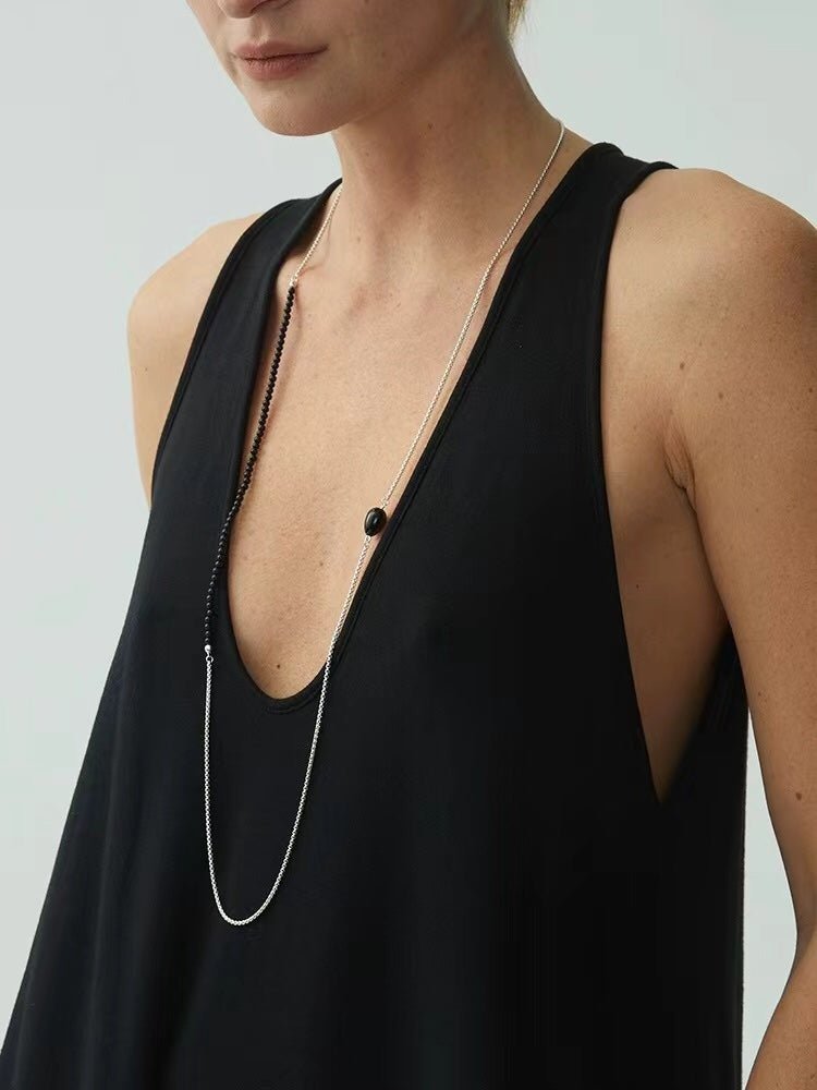 Black Onyx Splicing Chain Long Layering Necklace - floysun