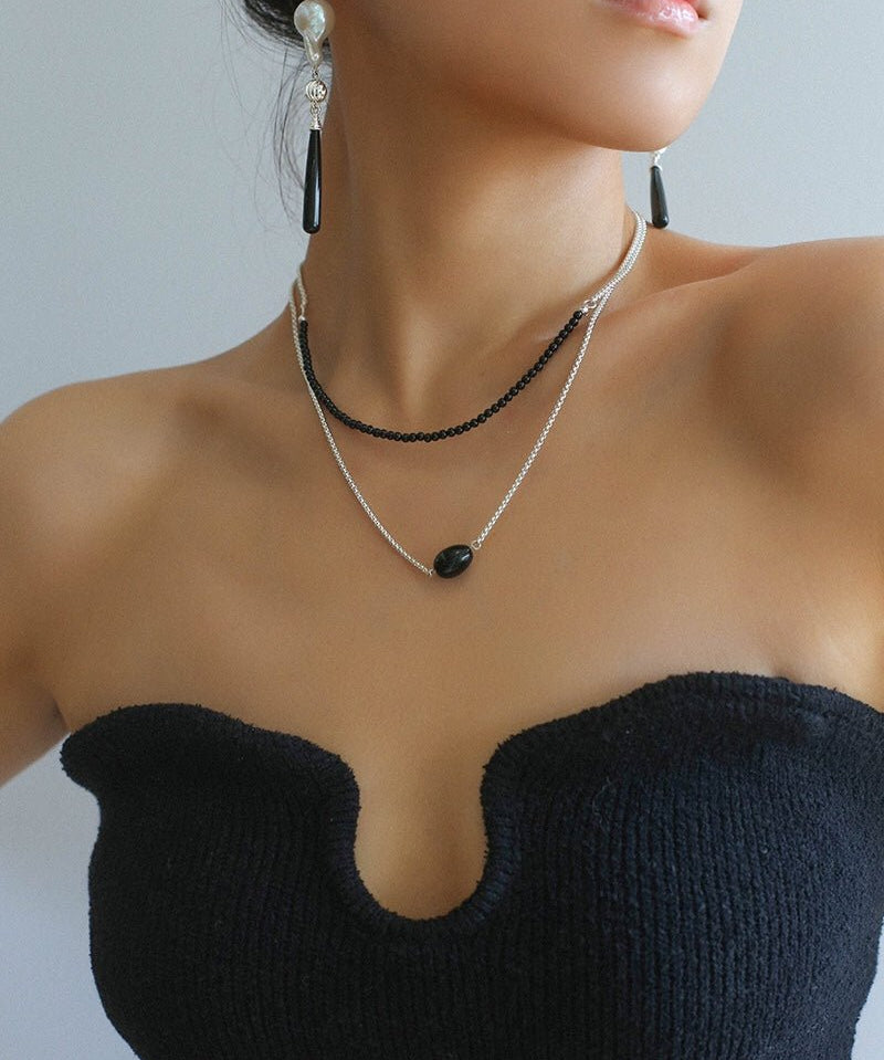 Black Onyx Splicing Chain Long Layering Necklace - floysun