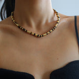 Black Onyx Tiger Eye Mother of Pearls Vintage Disc Beaded Necklace - floysun