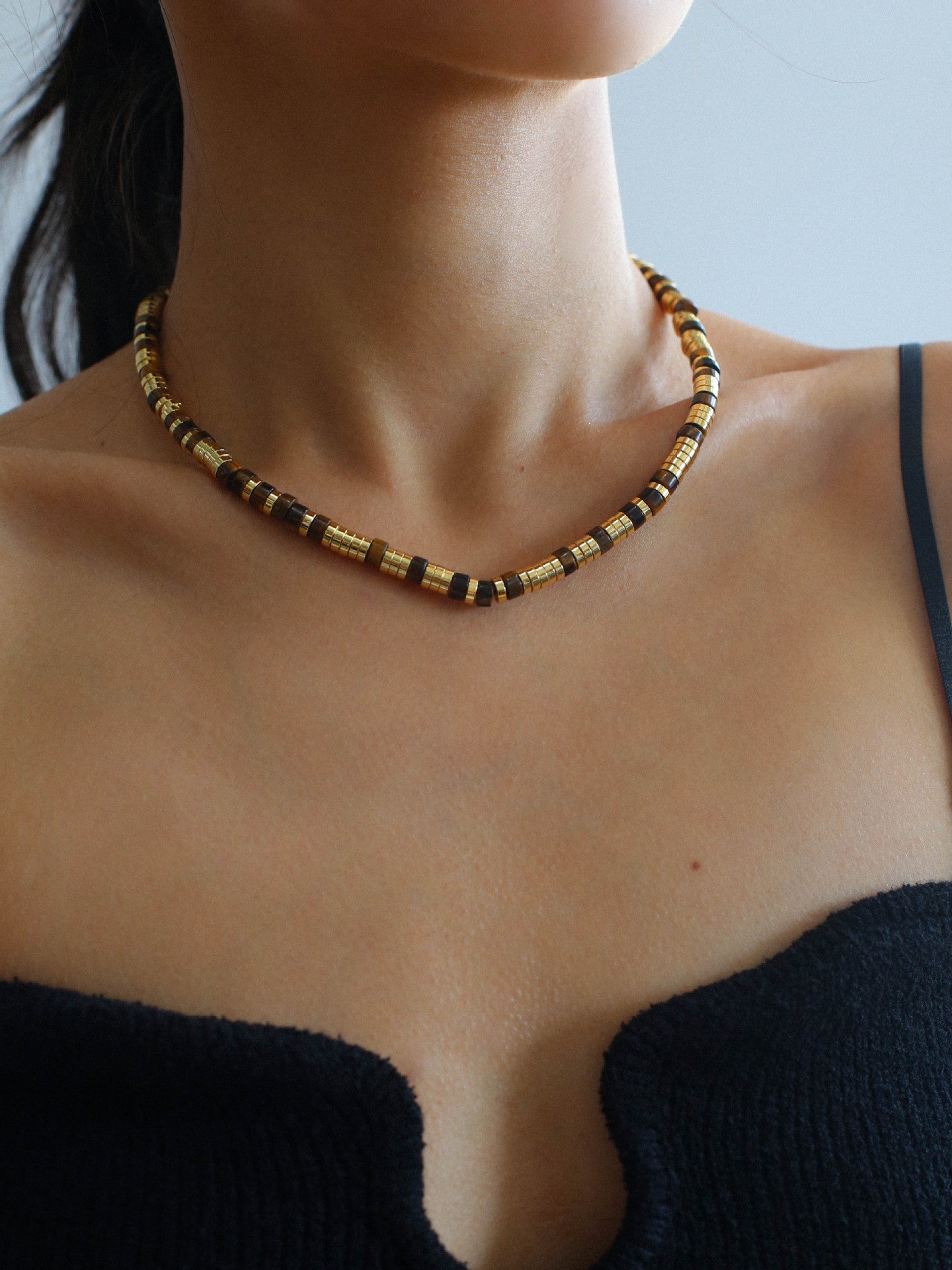 Black Onyx Tiger Eye Mother of Pearls Vintage Disc Beaded Necklace - floysun