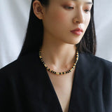 Black Onyx Tiger Eye Mother of Pearls Vintage Disc Beaded Necklace - floysun