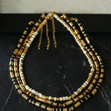 Black Onyx Tiger Eye Mother of Pearls Vintage Disc Beaded Necklace - floysun