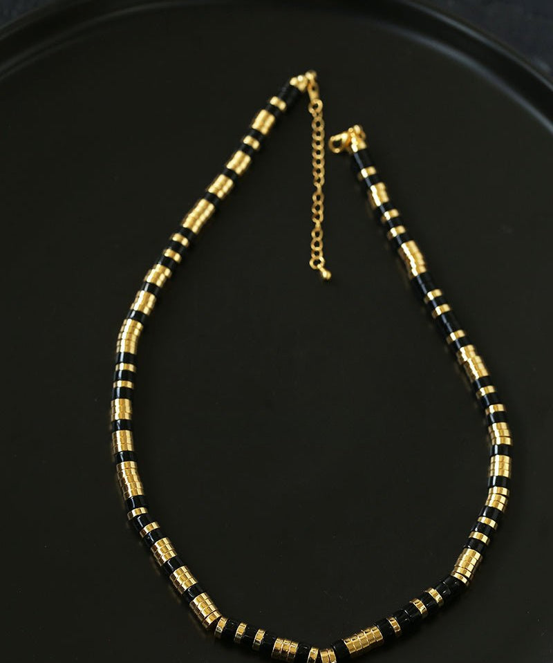 Black Onyx Tiger Eye Mother of Pearls Vintage Disc Beaded Necklace - floysun