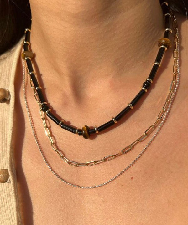 Black Onyx Tiger's Eye Stone Beaded Necklace - floysun