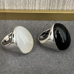 Black Onyx White Chalcedony Oval Egg Sterling Silver Ring - floysun