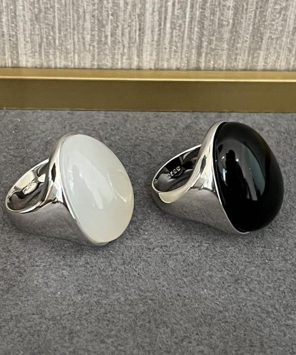 Black Onyx White Chalcedony Oval Egg Sterling Silver Ring - floysun