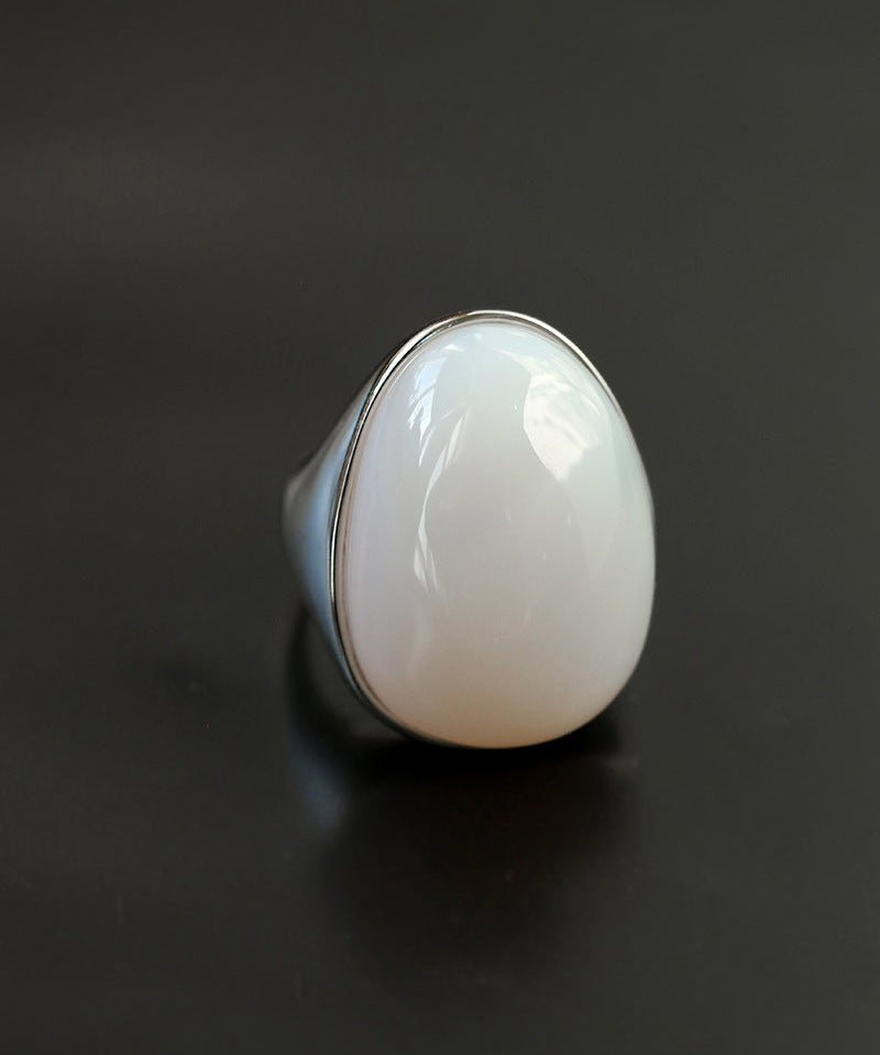 Black Onyx White Chalcedony Oval Egg Sterling Silver Ring - floysun