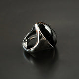 Black Onyx White Chalcedony Oval Egg Sterling Silver Ring - floysun