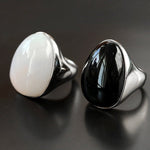 Black Onyx White Chalcedony Oval Egg Sterling Silver Ring - floysun