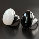 Black Onyx White Chalcedony Oval Egg Sterling Silver Ring - floysun