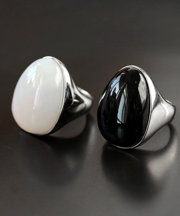 Black Onyx White Chalcedony Oval Egg Sterling Silver Ring - floysun