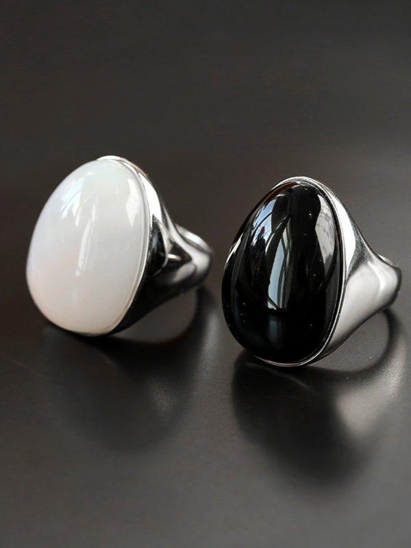 Black Onyx White Chalcedony Oval Egg Sterling Silver Ring - floysun