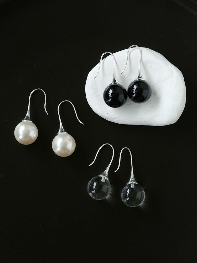 Black Onyx White Crystals Pearl Ear Hooks Drop Earrings - floysun