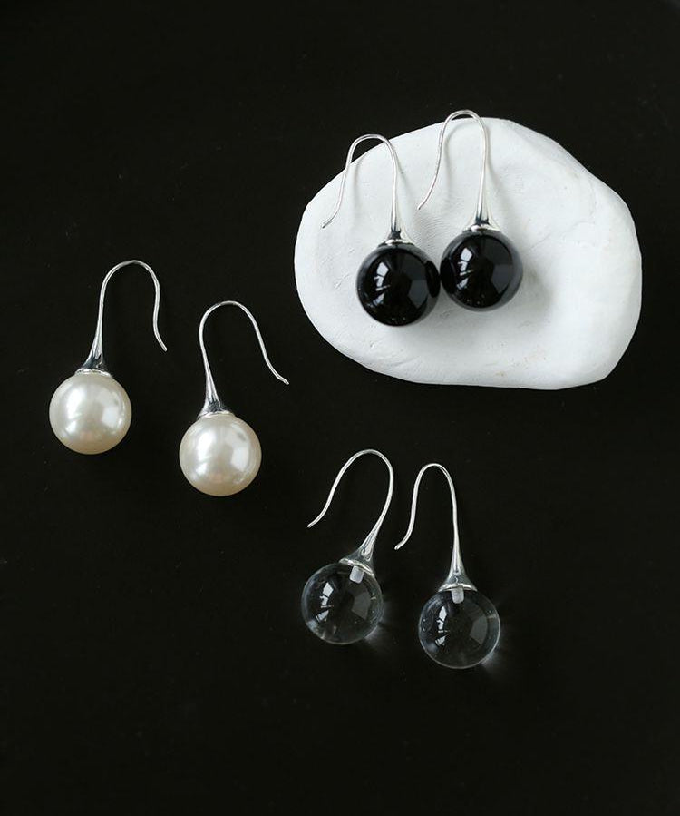 Black Onyx White Crystals Pearl Ear Hooks Drop Earrings - floysun