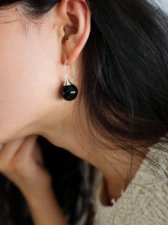 Black Onyx White Crystals Pearl Ear Hooks Drop Earrings - floysun