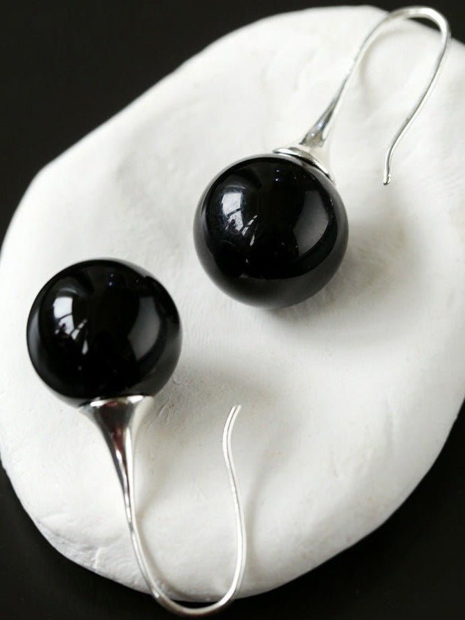 Black Onyx White Crystals Pearl Ear Hooks Drop Earrings - floysun