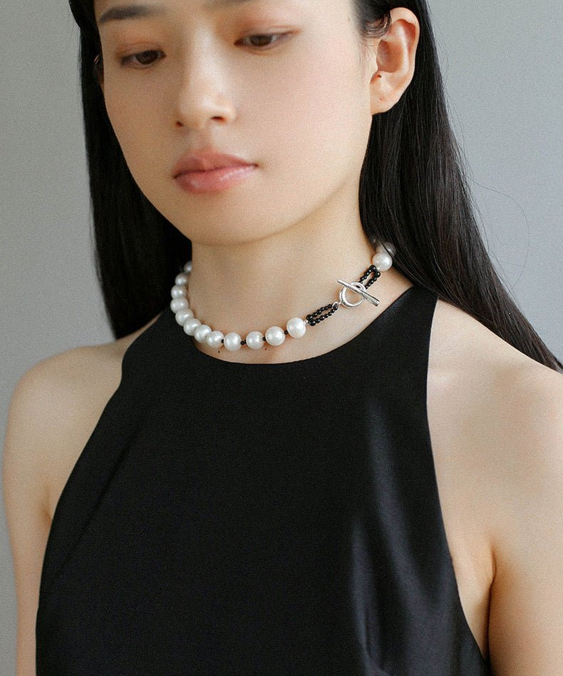 Black Spinel and Round Baroque Pearl OT Weaving Choker - floysun