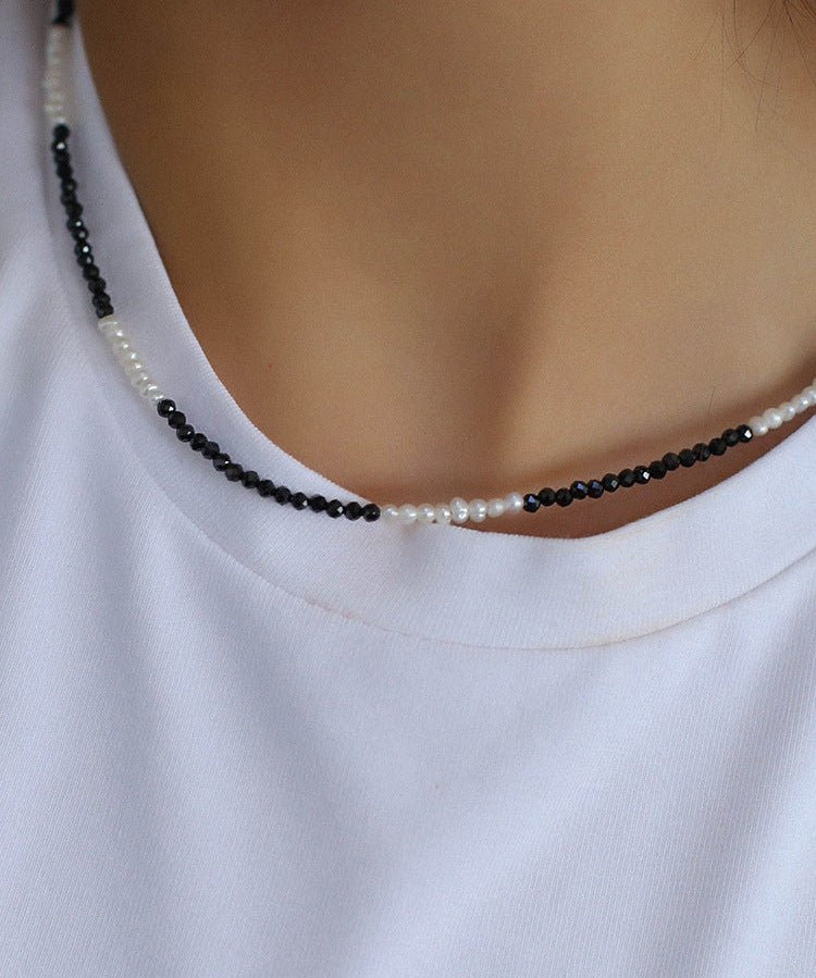 Black Spinel Mini Beaded Pearl Necklace - floysun