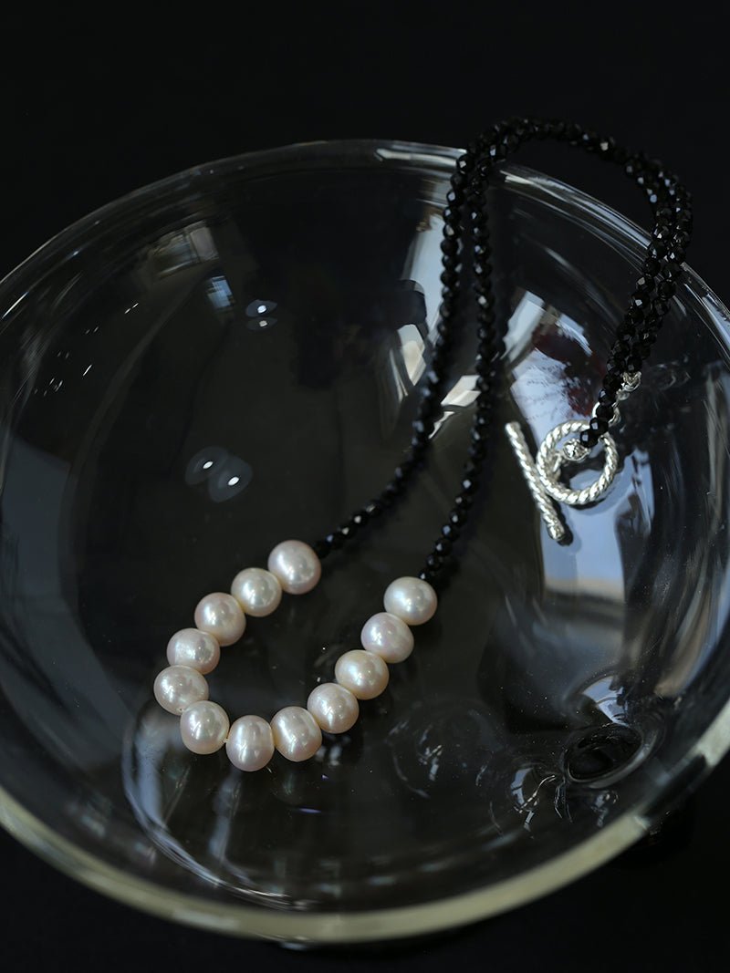 Black Spinel Smile Pearl Beaded Necklace - floysun