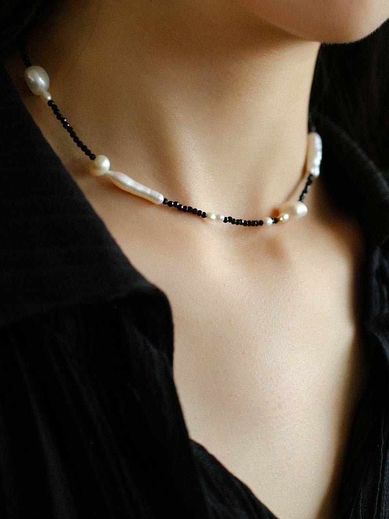 Black Spinel Toothpick Baroque Freshwater Pearl Clavicle Chain - floysun