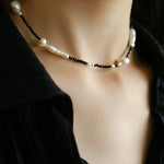 Black Spinel Toothpick Baroque Freshwater Pearl Clavicle Chain - floysun