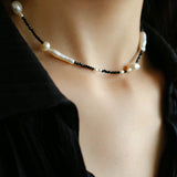 Black Spinel Toothpick Baroque Freshwater Pearl Clavicle Chain - floysun