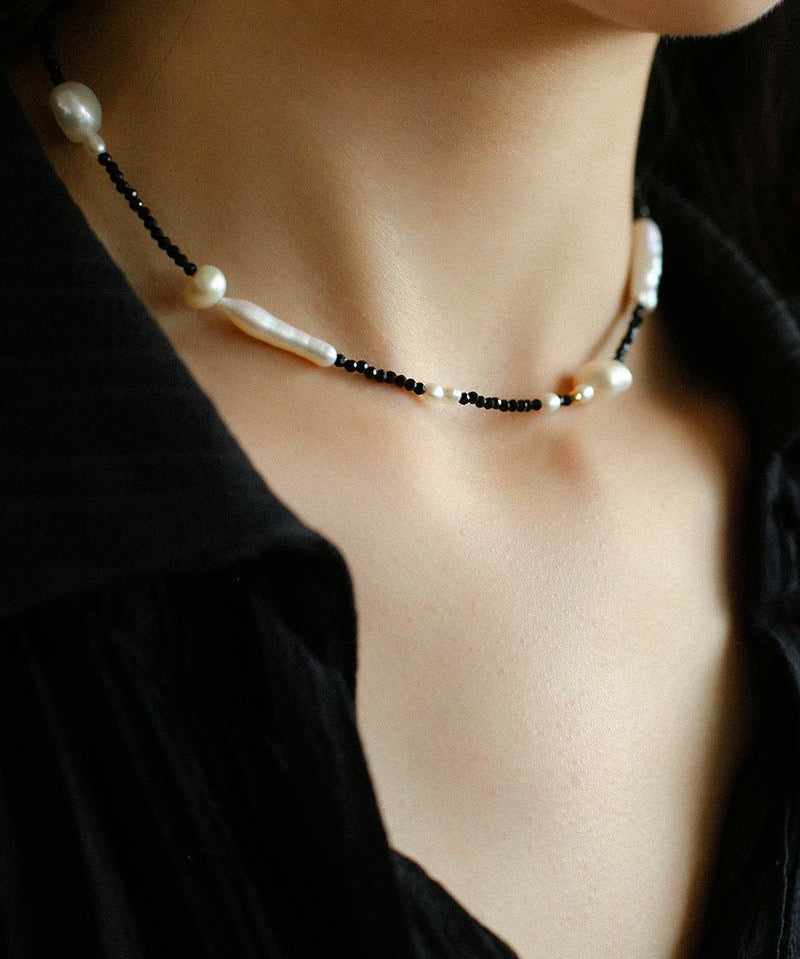 Black Spinel Toothpick Baroque Freshwater Pearl Clavicle Chain - floysun