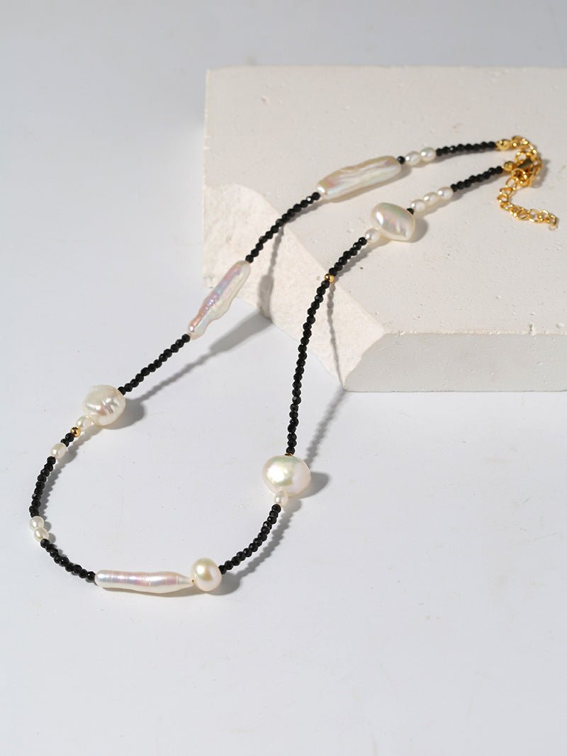 Black Spinel Toothpick Baroque Freshwater Pearl Clavicle Chain - floysun