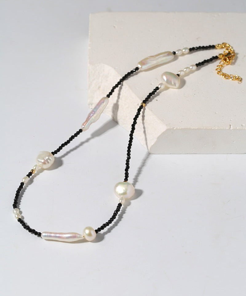 Black Spinel Toothpick Baroque Freshwater Pearl Clavicle Chain - floysun