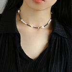 Black Spinel Toothpick Baroque Freshwater Pearl Clavicle Chain - floysun