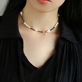 Black Spinel Toothpick Baroque Freshwater Pearl Clavicle Chain - floysun