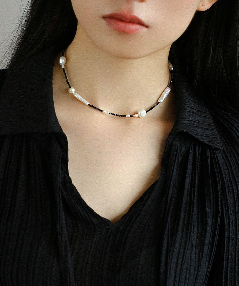 Black Spinel Toothpick Baroque Freshwater Pearl Clavicle Chain - floysun