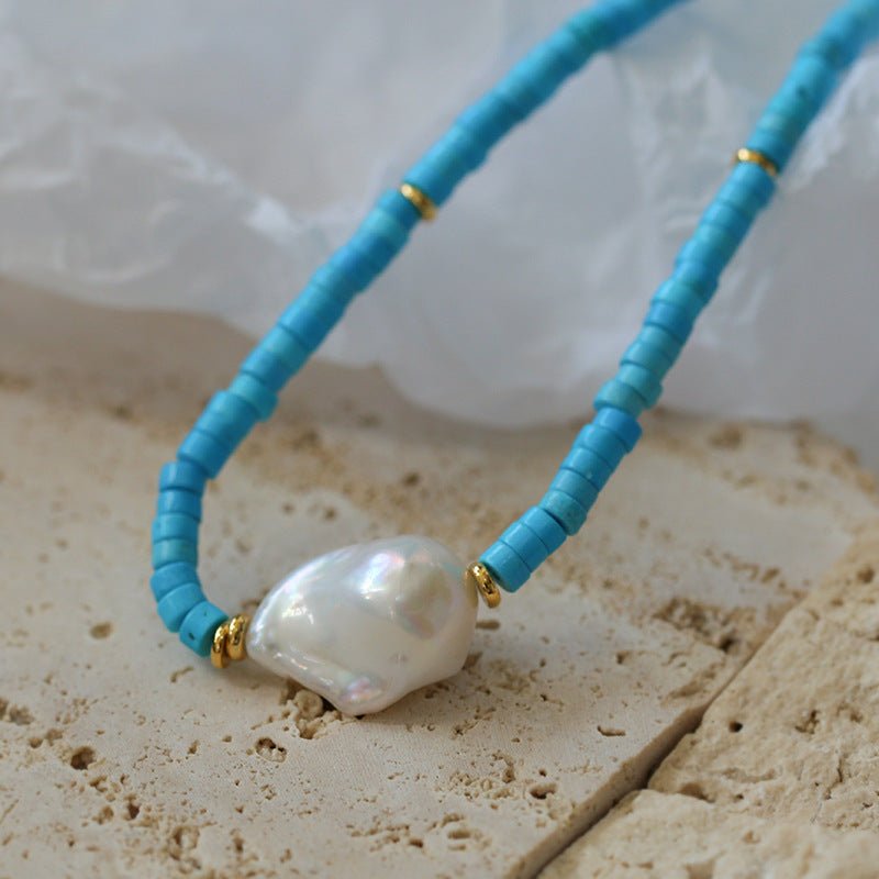 Blue Colored Stone Baroque Pearl Necklace - floysun