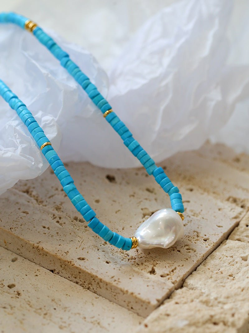 Blue Colored Stone Baroque Pearl Necklace - floysun