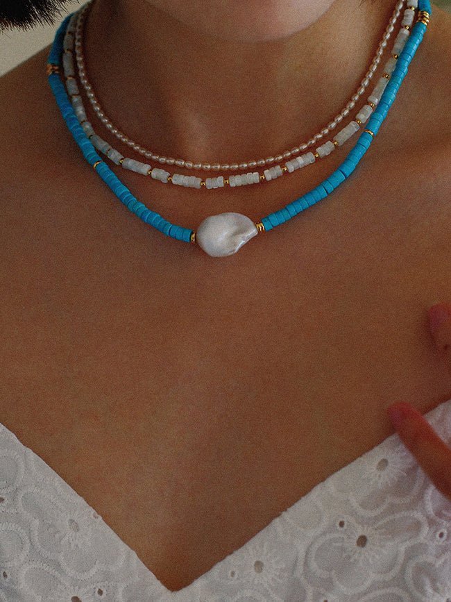 Blue Colored Stone Baroque Pearl Necklace - floysun