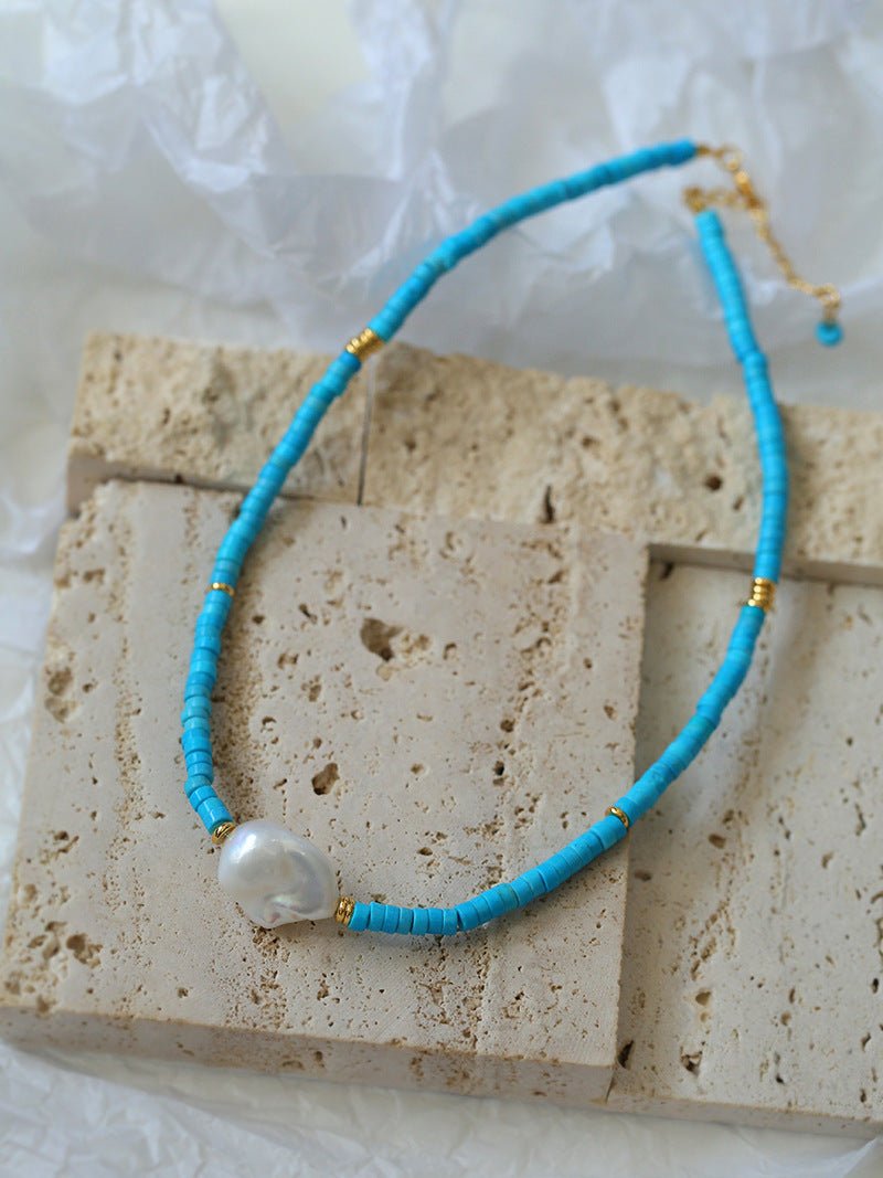 Blue Colored Stone Baroque Pearl Necklace - floysun