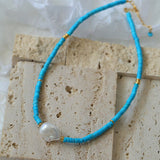 Blue Colored Stone Baroque Pearl Necklace - floysun